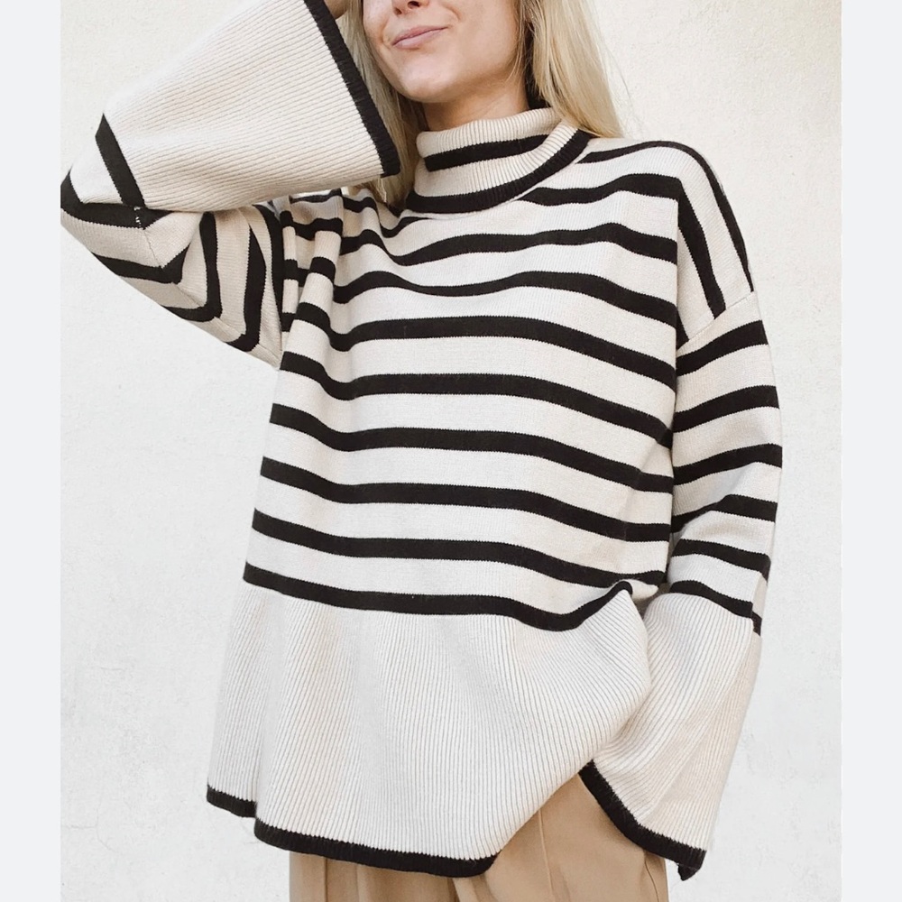 Long Sleeve Striped Sweater Turtleneck Side Split Ribbed Knit Oversized Sz s